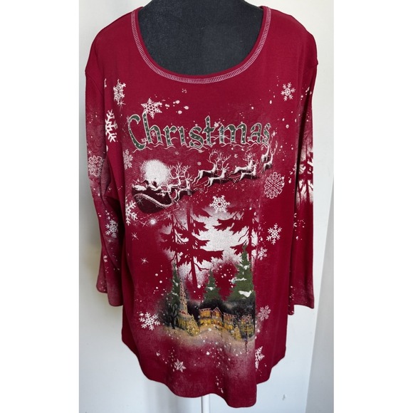 Vtg Red Christmas Pullover Shirt Santa Sleigh Reindeer Rhinestones Snowflake - Picture 5 of 16